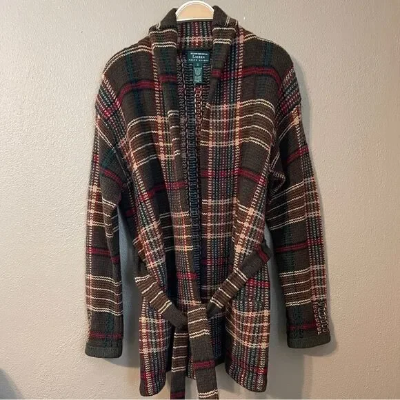 Lauren Ralph Lauren Hand Knit Lambswool Brown Plaid Tie Waist Cardigan Size S - Picture 2 of 6